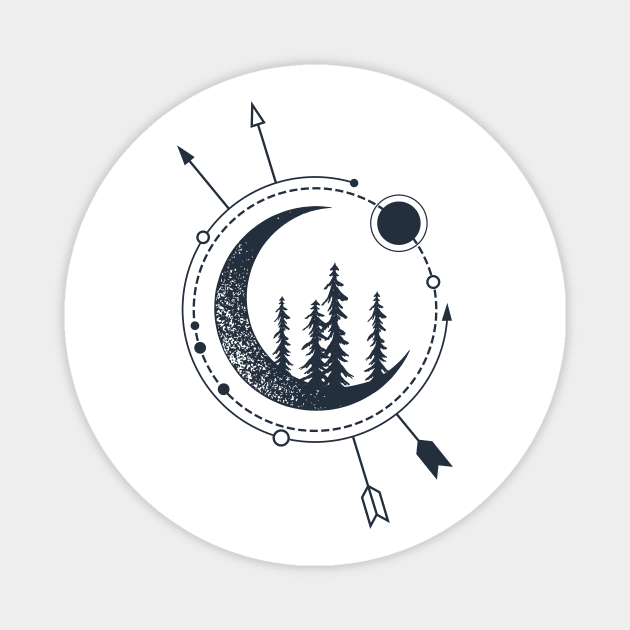 Forest And Сrescent. Pine Trees On The Moon. Creative Illustration. Geometric, Line Art Style Magnet by SlothAstronaut